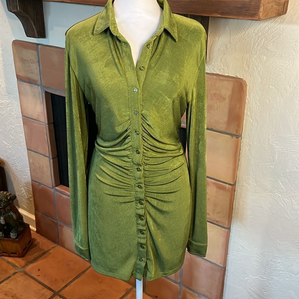 With Jean Andy Mini Green Shirt Dress Long Sleeve Size, M